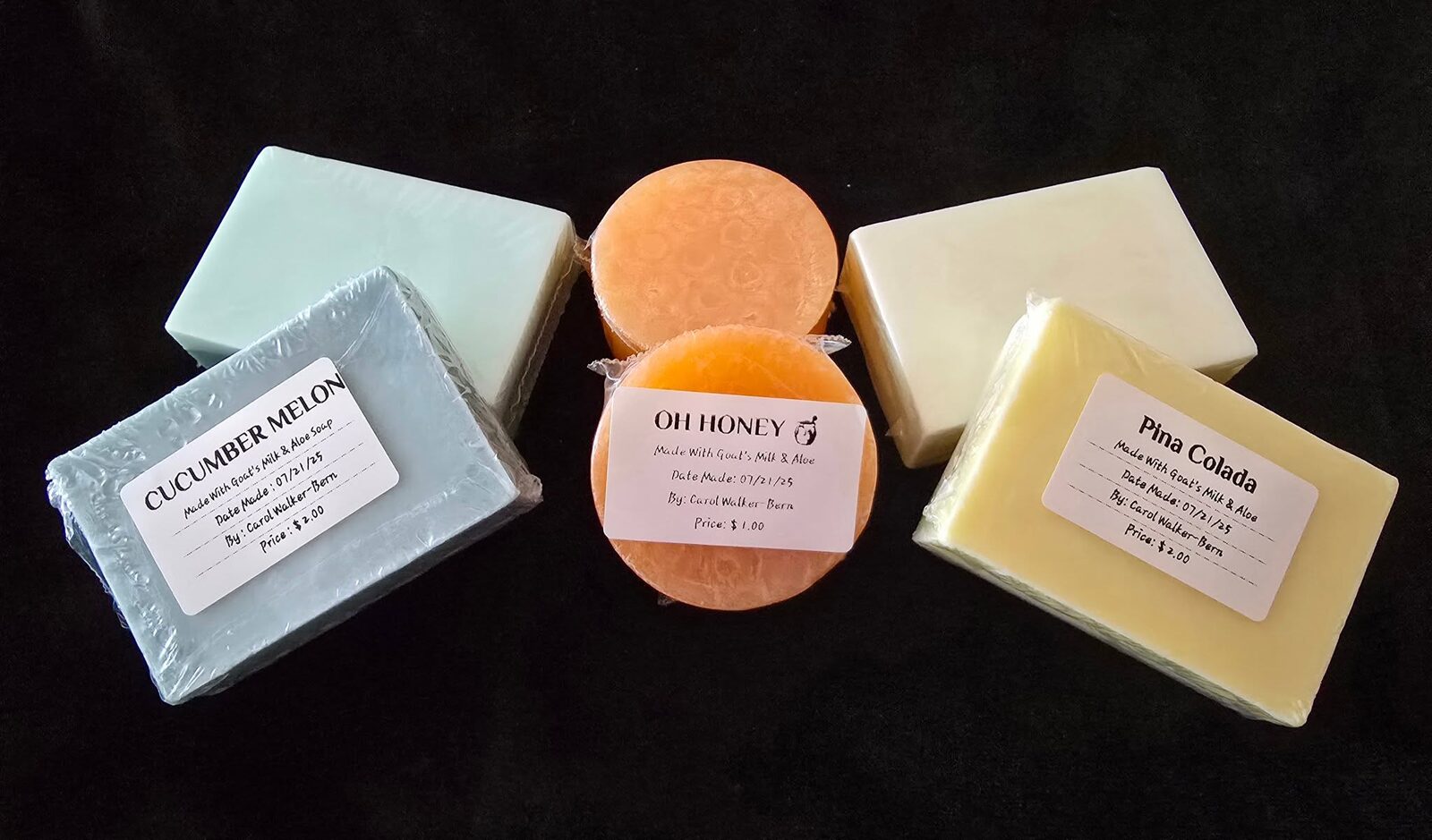 Cucumber Melon, Oh Honey, and Piña Colada handmade soaps